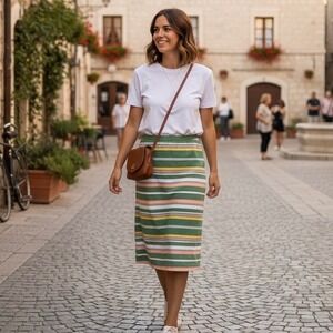 Boden Stripe A Line Midi Skirt Green Yellow Pink White Cotton Women 12 Tall Long